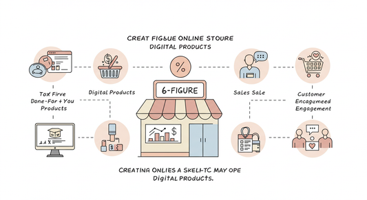 Entrepreneur building a six-figure online store using done-for-you digital products on a laptop