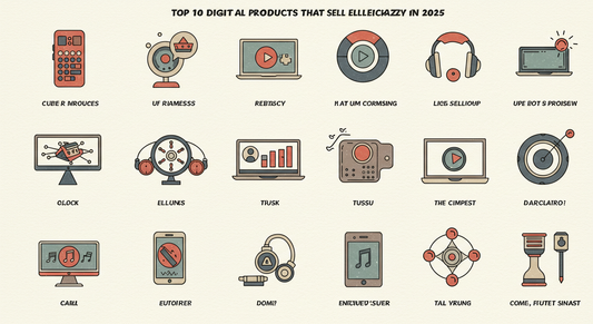 Illustration showing trending digital products to sell online in 2025, including templates, courses, and AI tools