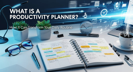 Flat lay of open productivity planner with daily goals and tasks written