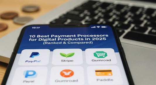 Smartphone screen showing top 10 payment processors for digital products in 2025 — PayPal, Stripe, Gumroad, Paddle icons