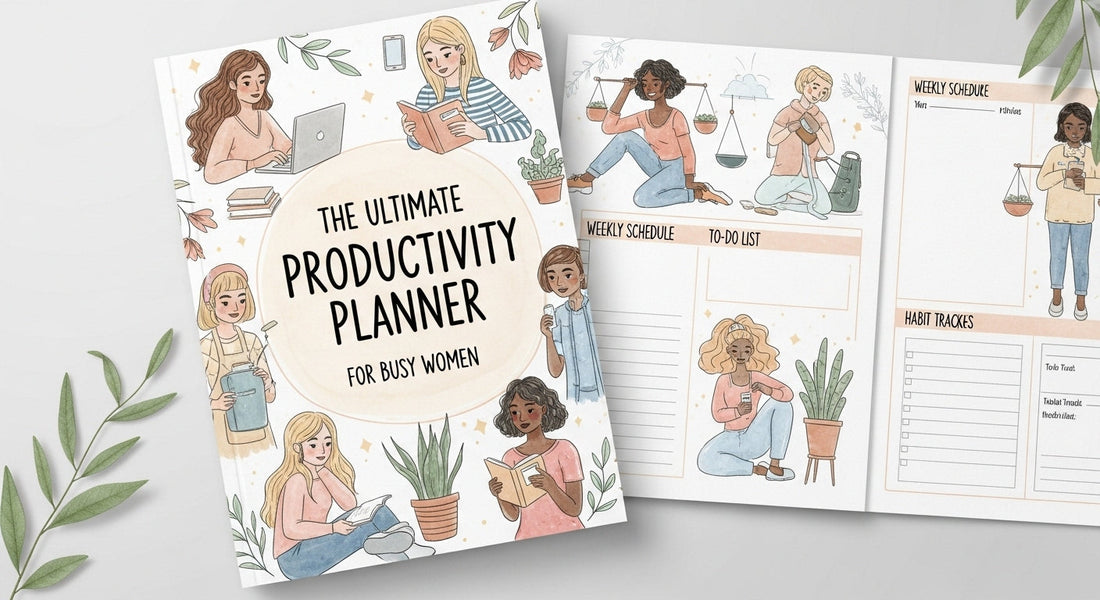 Woman organizing her day using a printable productivity planner with meal, fitness, and finance sections.