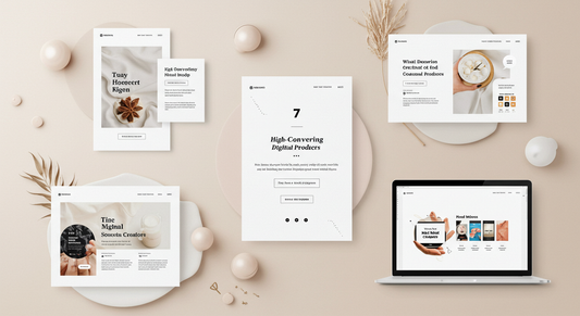 Flat lay of digital product creation tools like planners, laptops, and notebooks, representing DFY digital products for coaches and creators.