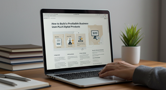 Illustration of PLR digital products like ebooks, planners, and templates on a laptop screen – Beginner’s guide to reselling in 2025