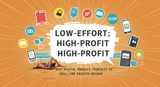 Flat lay of digital product workspace with laptop, Canva templates, and passive income dashboard