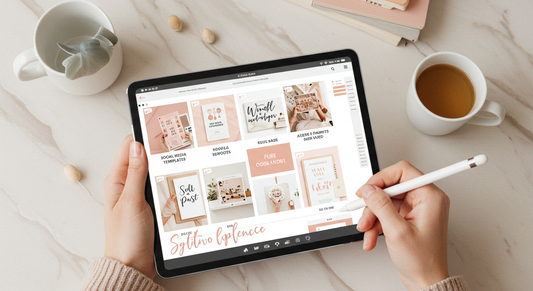 Flat lay of laptop, notebook, and digital product mockups — representing beginner-friendly digital products to sell online