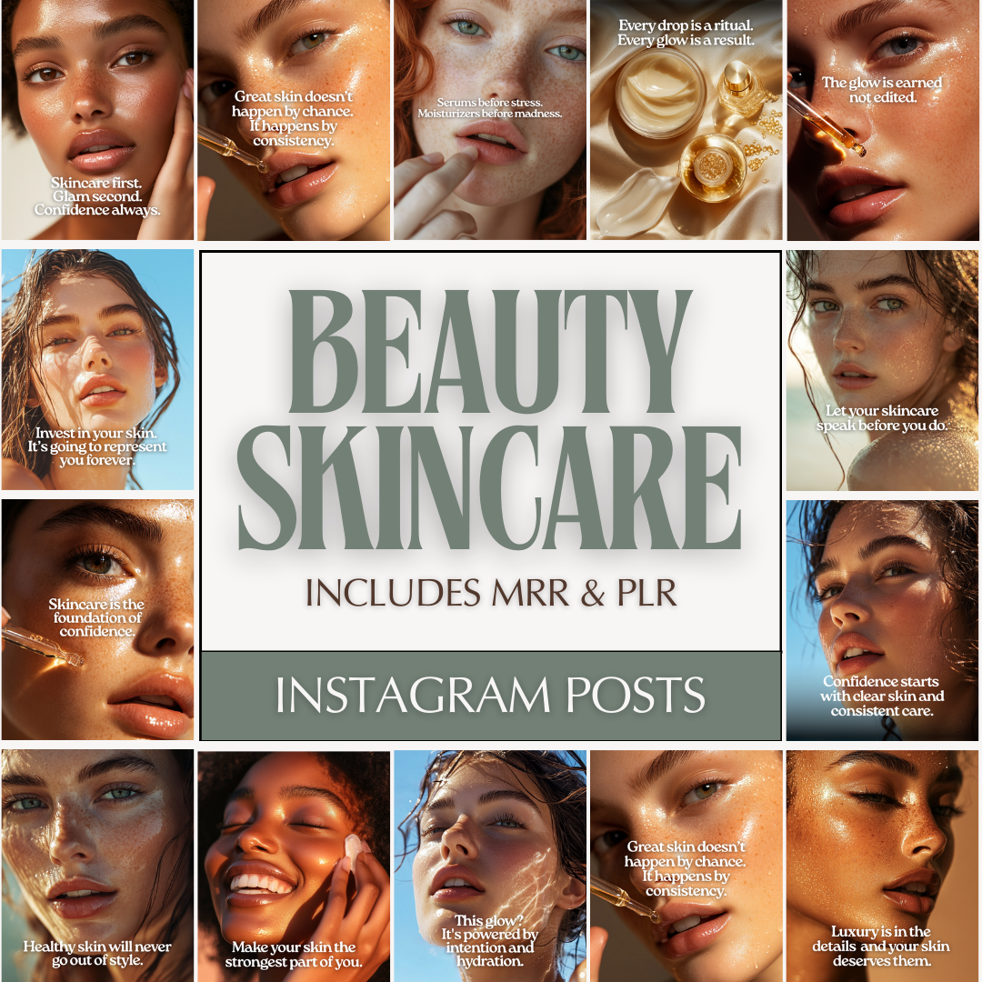 100 Skincare Beauty Instagram Posts | MRR & PLR | Luxe Neutral Canva Templates