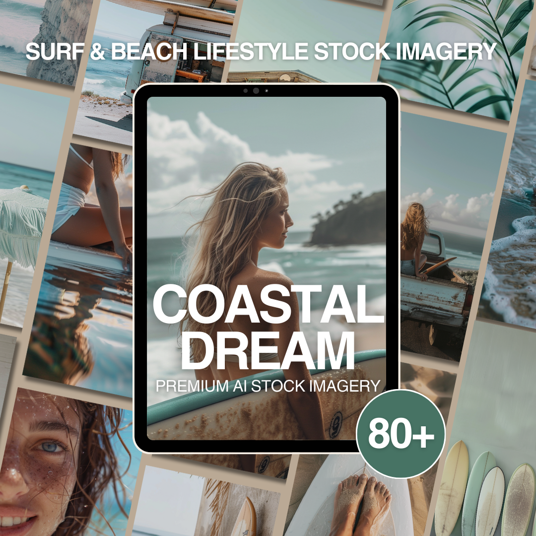 Coastal Dream Imagery – 80 Premium Surf & Beach Lifestyle AI Stock Images (PLR/MRR Included)