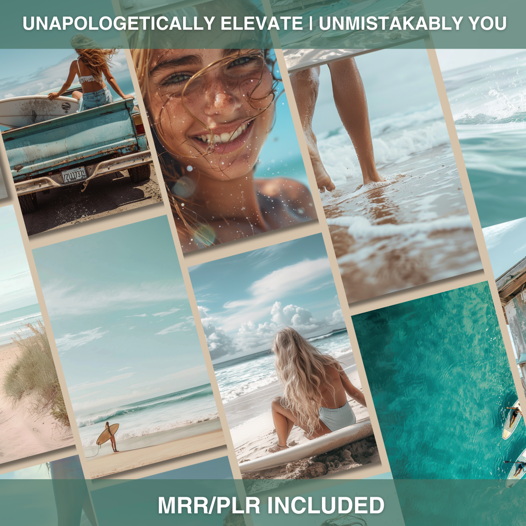 Coastal Dream Imagery – 80 Premium Surf & Beach Lifestyle AI Stock Images (PLR/MRR Included)