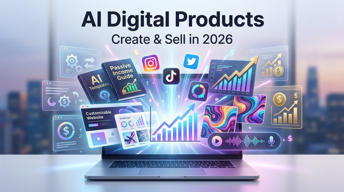 AI digital products creation concept with laptop generating ebooks templates and online business assets