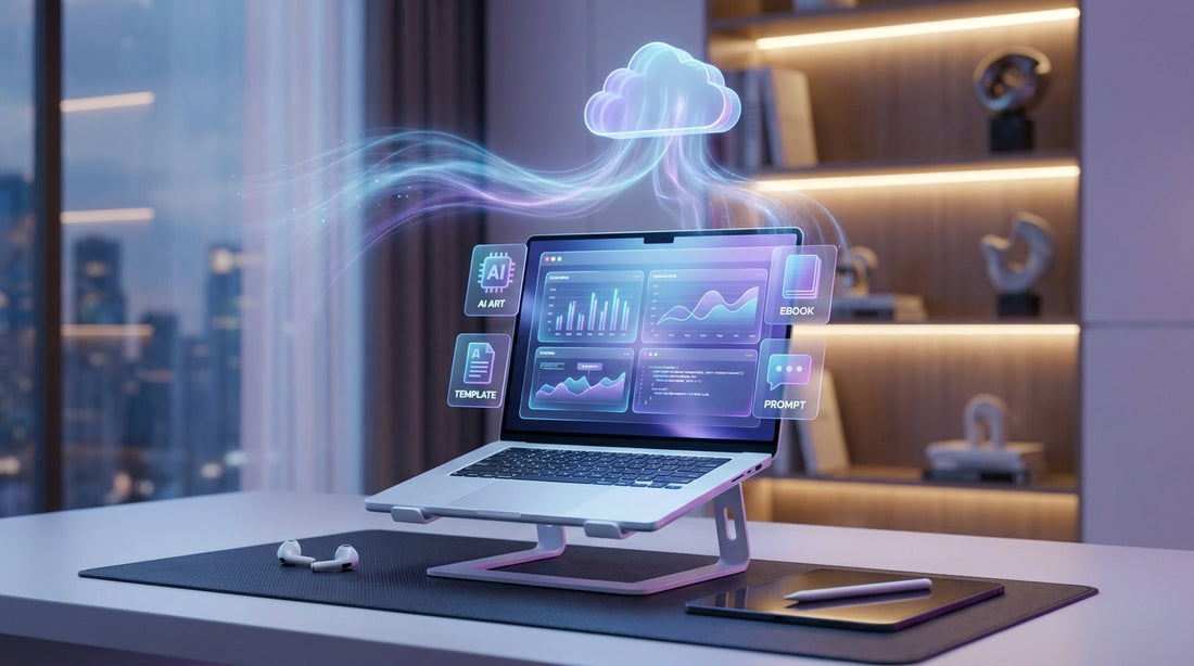 AI digital products to sell online in 2026 showing laptop with AI tools, templates, and passive income concept