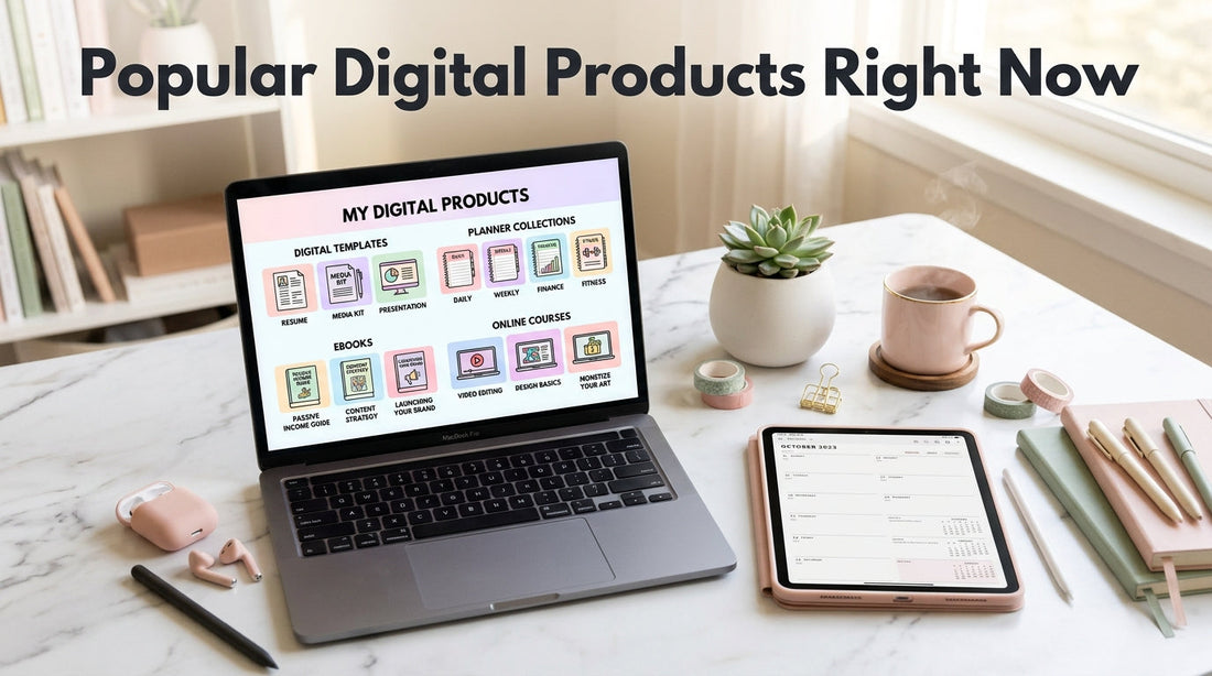 A laptop and tablet on a minimal desk displaying digital product dashboards, representing the most popular digital products trending in 2026