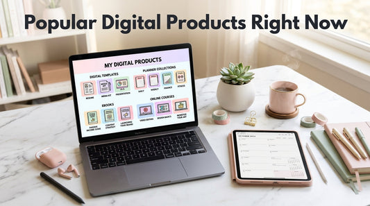 A laptop and tablet on a minimal desk displaying digital product dashboards, representing the most popular digital products trending in 2026
