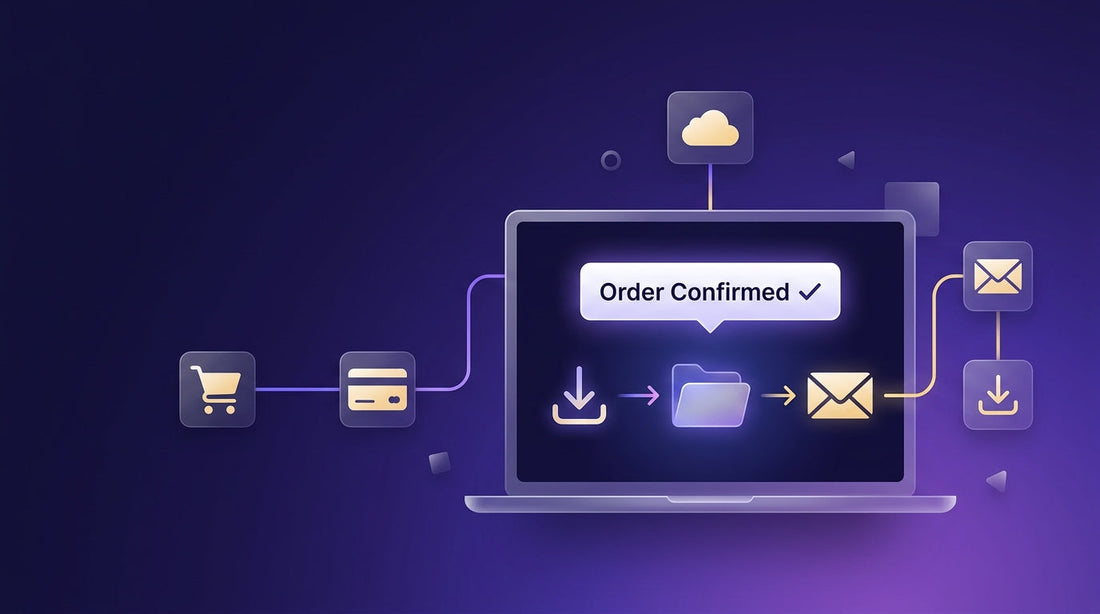 Illustration of an automated digital product delivery workflow showing order confirmation, file delivery, and email notification icons