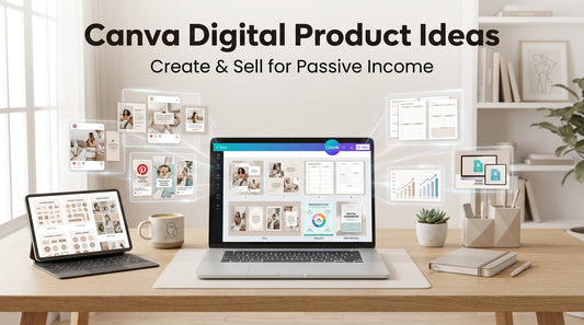 Canva digital product ideas workspace with laptop showing social media templates and planners for passive income
