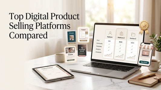 Review of top digital product selling platforms compared on a laptop dashboard with a digital planner, ebook and course product cards