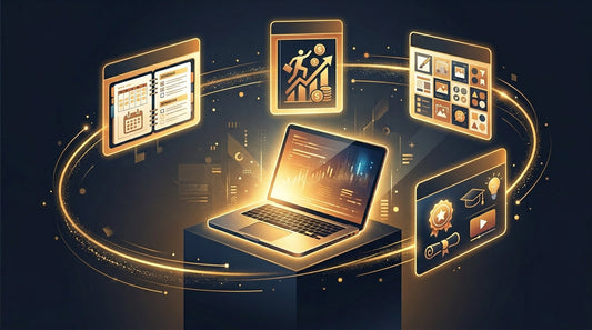 Flatlay of digital products including a laptop, iPad planner, printable worksheets and ebooks on a dark charcoal background representing digital products you can sell online