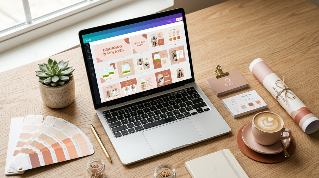 Premium flat-lay workspace with laptop showing Canva social media templates for small businesses