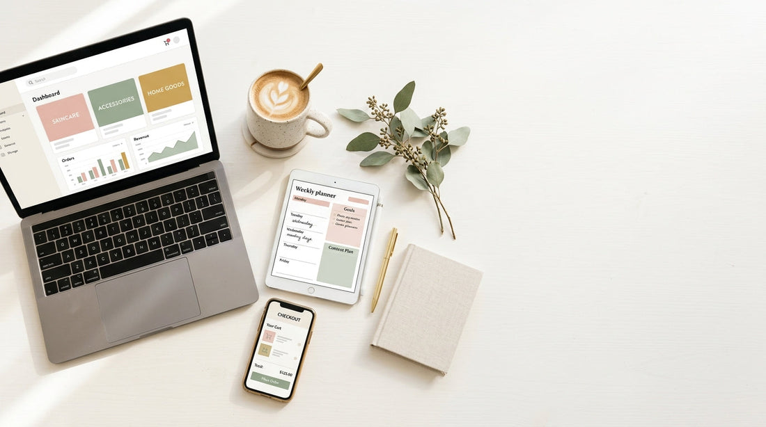 Comparison of the best digital product marketplaces shown on a laptop, tablet and phone displaying an online store and digital planner