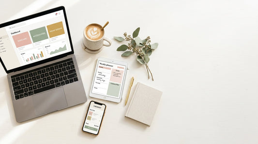 Comparison of the best digital product marketplaces shown on a laptop, tablet and phone displaying an online store and digital planner