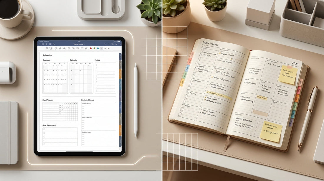 Split workspace showing digital planner on iPad and paper planner with handwritten notes for productivity in 2026