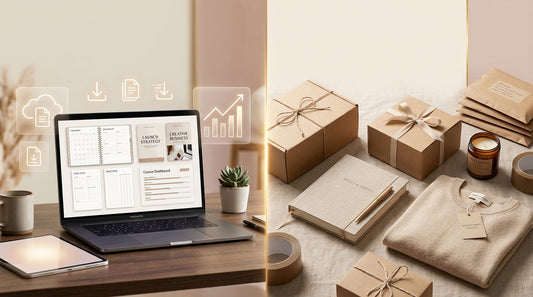 Digital product vs physical product comparison showing a laptop with digital planners beside packed shipping boxes and printed goods
