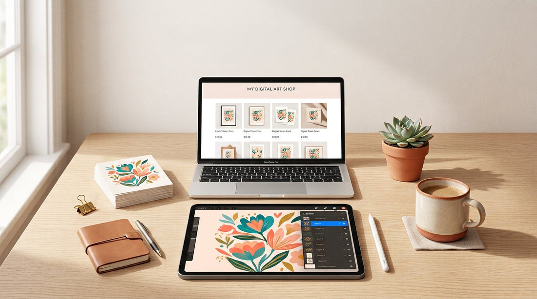 Flat-lay workspace with iPad digital art, laptop shop, and coffee cup for selling digital art online
