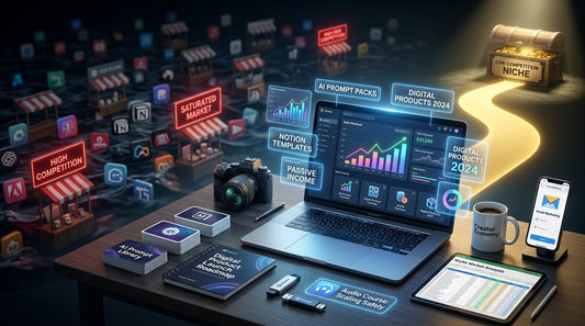 Low competition digital products dashboard showing AI prompts, planners, and Notion templates for online selling in 2026