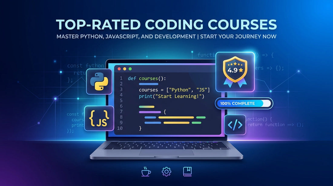 Top-rated coding courses 2026 — laptop displaying code with certification badge and star rating icons