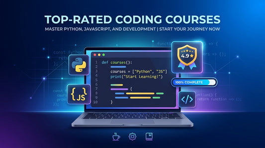 Top-rated coding courses 2026 — laptop displaying code with certification badge and star rating icons