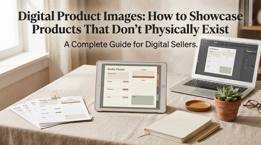 Premium flat-lay mockup of digital product images showing a planner on a tablet, printed pages, and laptop template preview