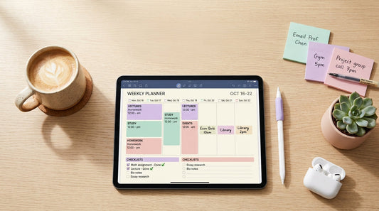 Digital planner setup on iPad with color-coded weekly timeline for ADHD students