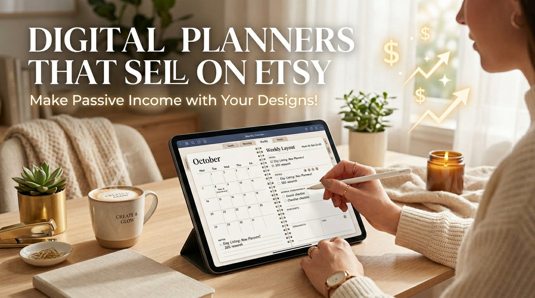 Digital planner displayed on iPad with hyperlinked layout for Etsy shop business and passive income