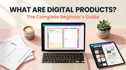 Flat-lay of a laptop and tablet displaying digital product templates and planners, representing what digital products are for beginners