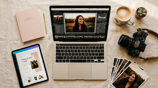 Flat lay of digital products for photographers to sell, including presets, camera, and templates
