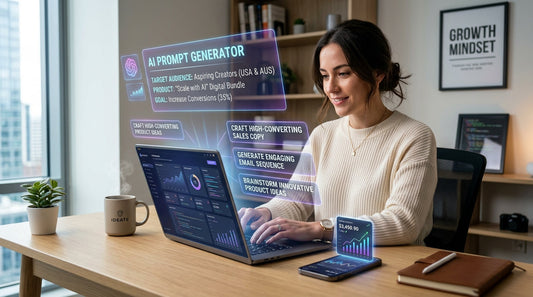 AI prompts to sell online concept showing entrepreneur using laptop with digital marketing and sales automation tools