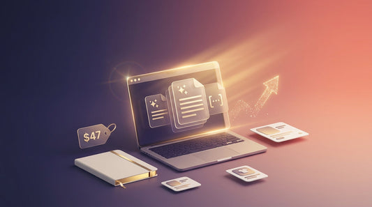 AI prompts digital product concept showing a laptop with holographic prompt icons, pricing tag, and growth chart on a premium indigo and gold background