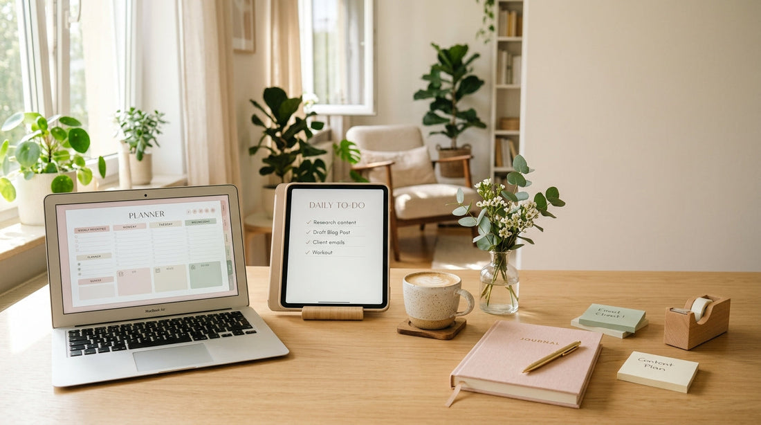 Beginner creating digital products on a laptop and iPad with a digital planner, ebook and checklist in a calm, organised workspace