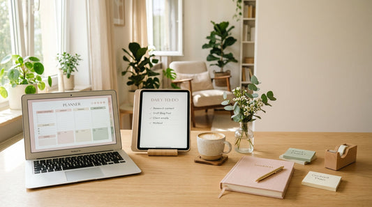Beginner creating digital products on a laptop and iPad with a digital planner, ebook and checklist in a calm, organised workspace