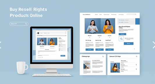 Illustration showing digital resell rights products like eBooks, courses, and planners being sold online by a beginner entrepreneur