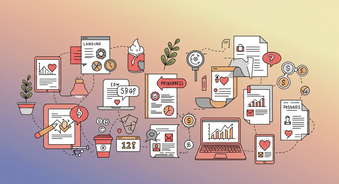 Flat lay of digital products like templates, planners, and eBooks displayed on a laptop with text overlay "Best Digital Products to Sell in 2025"
