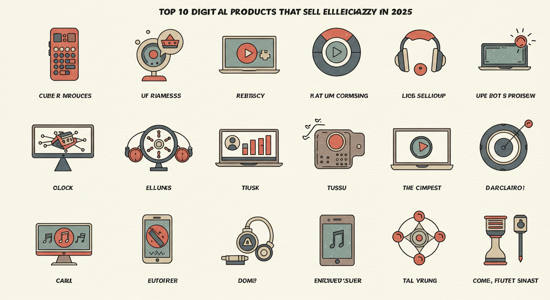 Illustration showing trending digital products to sell online in 2025, including templates, courses, and AI tools
