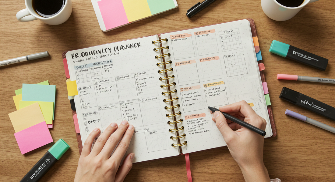 Productivity planner with goal setting, daily tasks, and habit tracking layout on desk