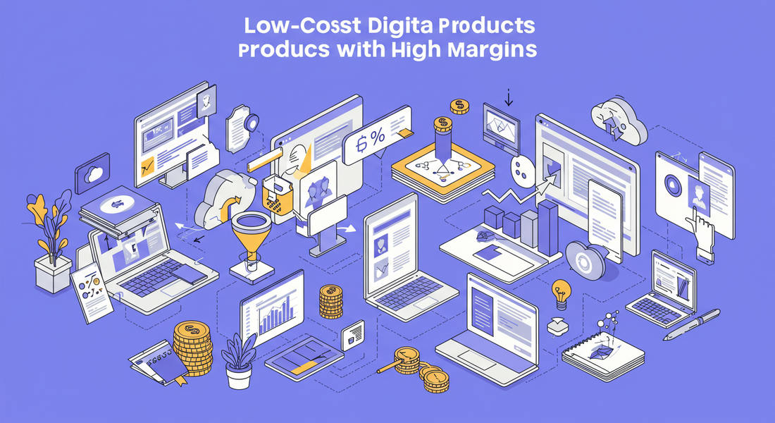 Illustration of digital products like e-books, templates, and online courses with high profit margins for online business in 2025