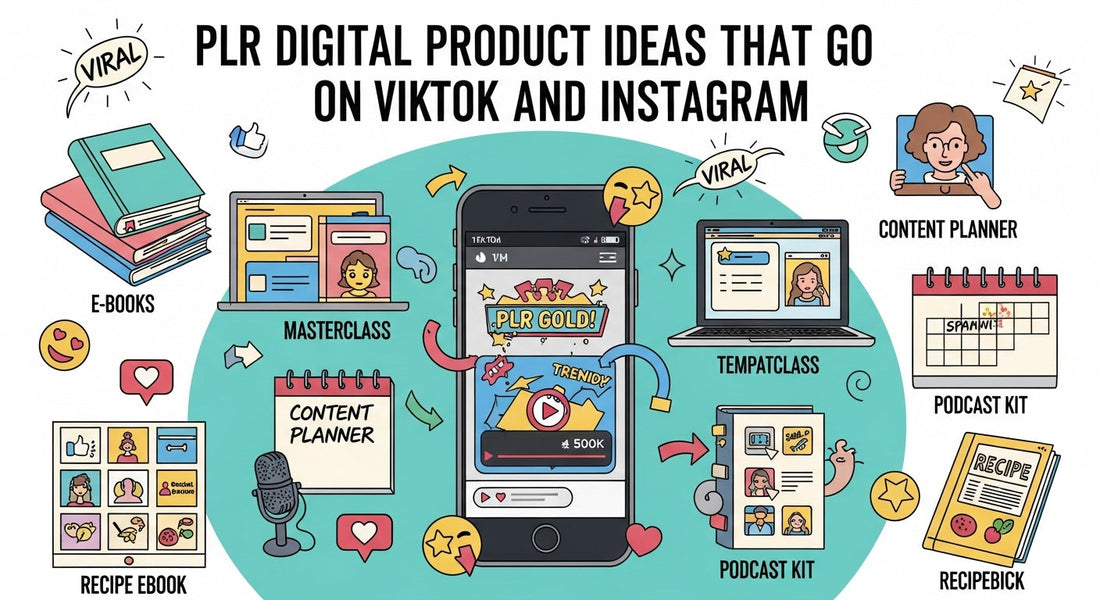 Infographic showing trending PLR digital product ideas that go viral on TikTok and Instagram in 2025, including planners, templates, and ebooks.