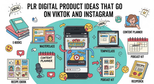 Infographic showing trending PLR digital product ideas that go viral on TikTok and Instagram in 2025, including planners, templates, and ebooks.