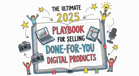 Entrepreneur selling done-for-you digital products online in 2025 using laptop and marketing tools