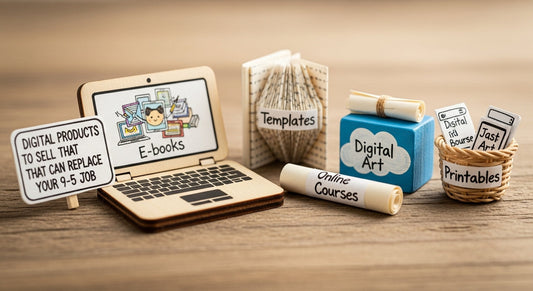 Entrepreneur working remotely creating and selling profitable digital products online to replace 9–5 job