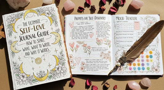 Open self-love journal with affirmations and cozy writing setup on desk