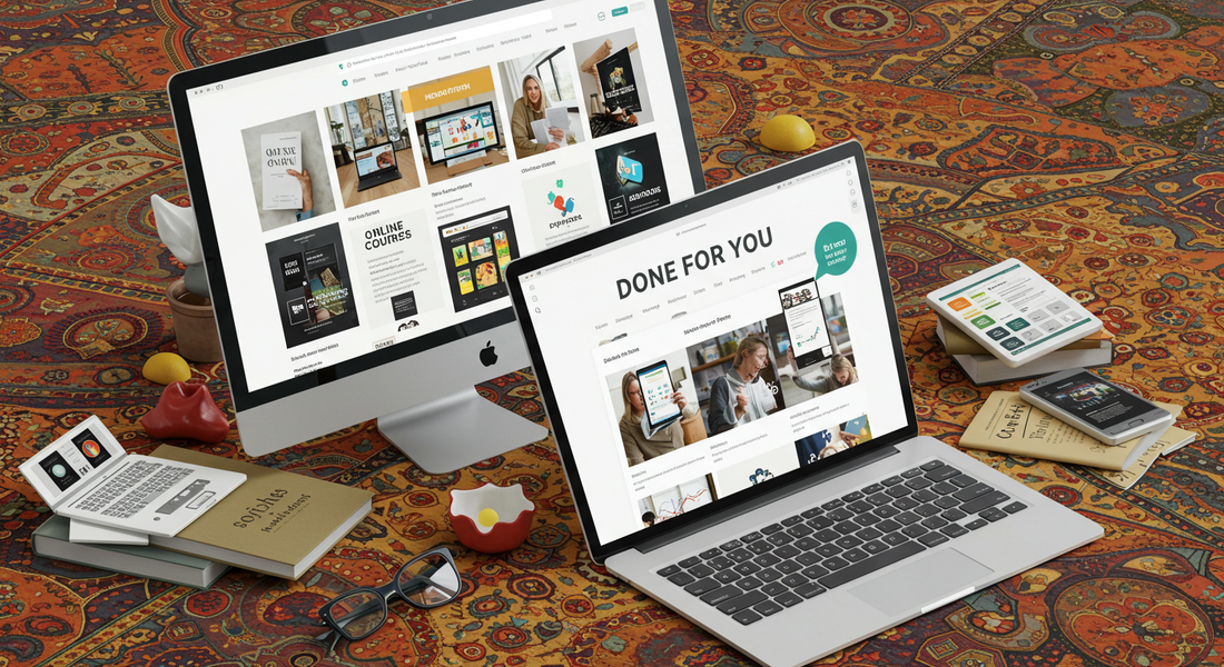 Illustration of done-for-you digital products being sold online through platforms like Etsy, Gumroad, and Shopify