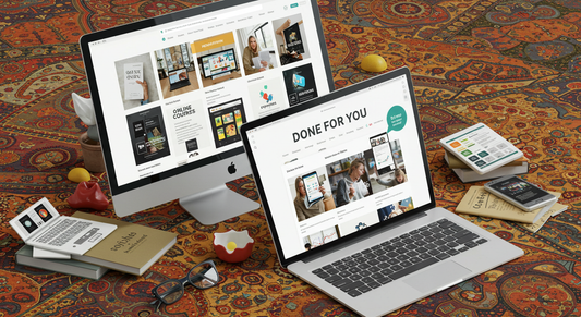 Illustration of done-for-you digital products being sold online through platforms like Etsy, Gumroad, and Shopify